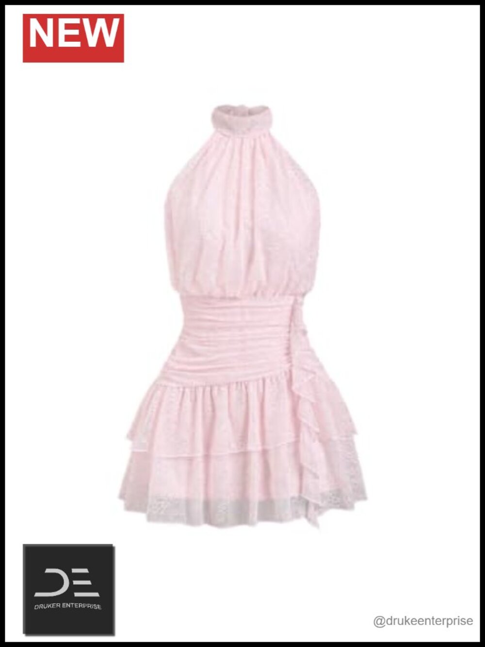 Lace Halter Mini Dress Sleeveless Tie Backless Ruched Ruffle Party